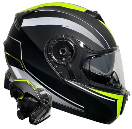 RALLOX 160 Klapphelm - Motorradhelm in Schwarz Gelb Neon Grün - Motorradhelm der Sicherheitsnorm ECE-R 22.06, mit ausklappbarem Sonnenvisier, robustem ABS und waschbarem Innenfutter - perfekt für sicheren Fahrspaß.