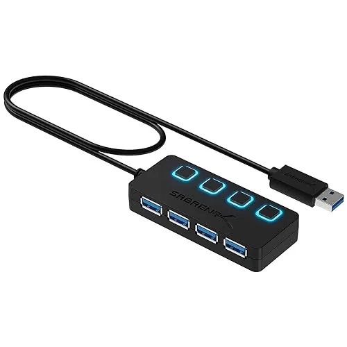 SABRENT USB Hub 3.2 Gen 1 mit Schaltern – 4 Port USB Verteiler - USB-Hub für bis zu 4 Geräte mit Ein/Aus-Schaltern und LED-Anzeige – ideal für effiziente Energieverwaltung und schnelle Datenübertragungen bis zu 5 Gbps.
