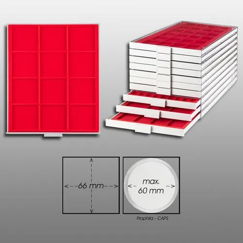 Prophila Münzbox grau 12 eckige Fächer für Münzen bis 66mm, rote Einlage z. B. M