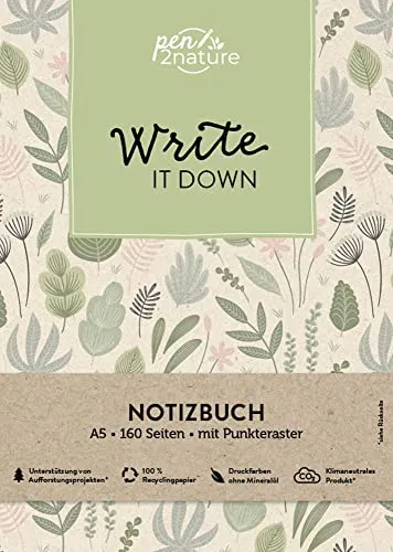 Write It Down • Nachhaltiges Notizbuch in A5 mit Hardcover und Pflanzen-Motiv: Eintragbuch mit weißen Seiten und Punktemuster. Umweltfreundliches ... praktisches Bullet-Journal (pen2nature books)