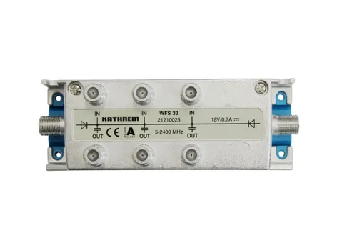 Kathrein WFS33 3-fach Fernspeiseweiche - Technik & Montage: Hochwertige 3-fach Fernspeiseweiche für die gleichzeitige Speisung von bis zu drei Universal-Quatro-Speisesystemen, ideal für vielseitige Anwendungen.