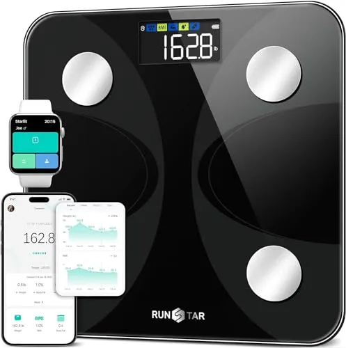 RunStar FG2210BL 4E Personenwaage - Diagnostische digitale Personenwaage mit Bluetooth, misst Gewicht, Knochenmasse und BMI. Tragfähigkeit bis 180 kg, präzise Messung dank 4 Sensoren und 100 g Genauigkeit.