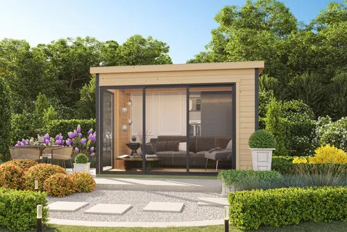 Nordic Holz Gartenhaus AUSTIN 5 – Modernes Blockbohlenhaus - Gartenhäuser – 8,12 m² flexible Fläche für Homeoffice oder Hobbyraum, lichtdurchflutet mit großen Glasflächen, wahlweise unbehandelt oder in 4 Farben.