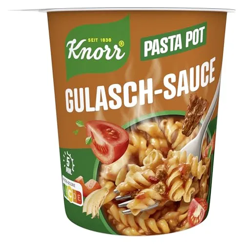 Knorr Pasta Pot Gulasch-Sauce - Instant Nudeln in 5 Minuten - Nudelgerichte: Schnelle und leckere Mahlzeit für Büro oder Zuhause, zubereitet nur mit heißem Wasser. Ohne Geschmacksverstärker und mit Protein, ideal für stressige Tage.