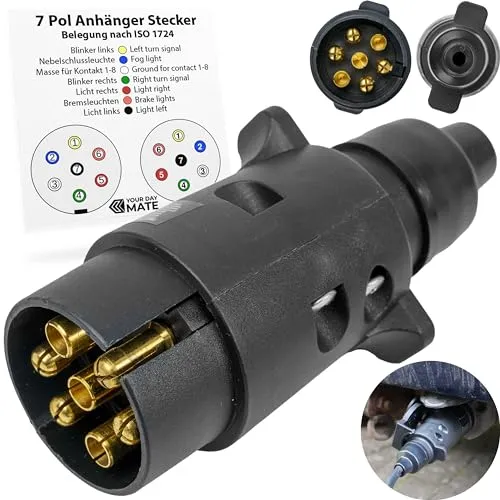 poliger Anhänger Stecker, 1 Pack, Hartplastik-Gehäuse, 7pin Stecker nach ISO 1724 genormt, 7 Pin Hänger Adapter 12V Systeme, Zugentlastung, 7pol Anhängerstecker für 7 pol Steckdose, 13-7 Adapter 7