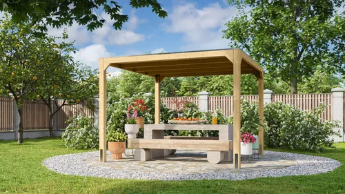 Pavillon Pultdach Cubus 320x320 cm Karibu - Gartenpavillon aus hochwertigem Holz, ideal für entspannte Stunden im Freien. Robuste Rahmenkonstruktion mit 18 mm starken Dachbrettern, 5 Jahre Herstellergarantie.