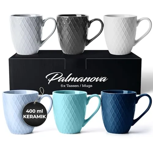 MiaMio Kaffeetassen Set - 6 x 400 ml Keramiktassen in Modernem Ocean Design - Cappuccinotassen-Set aus hochwertiger Keramik, ideal für Kaffee, Tee und mehr. Modernes Design in Blau, perfekt für den Haushalt.