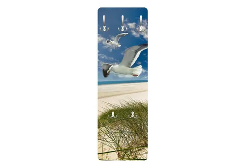 Bilderdepot24 Garderobenpaneel blau Natur Strand Meer Tiere Dune Breeze Möwe Design (ausgefallenes Flur Wandpaneel mit Garderobenhaken Kleiderhaken hängend), moderne Wandgarderobe - Flurgarderobe im schmalen Hakenpaneel Design