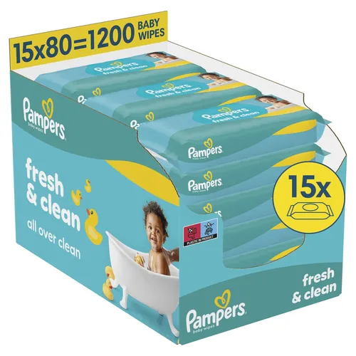 Pampers Feuchte Tücher Fresh Clean 1200 Stück - FEUCHTTÜCHER - 15 Packungen mit erfrischendem Duft, sanfte Reinigung für empfindliche Babyhaut, ideal für unterwegs und zuhause.