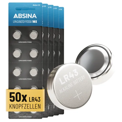 ABSINA 50x AG12 Batterien Knopfzellen - 1,5V Alkaline Knopfzelle LR43 Batterie