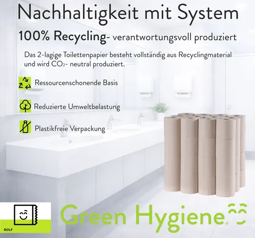 Green Hygiene ROLF Toilettenpapier 2-lagig - Recycling Toilettenpapier, 500 Blatt pro Rolle, 36 Rollen/VE, CO2-neutral und plastikfrei – für ein sauberes Zuhause und einen besseren Planeten.