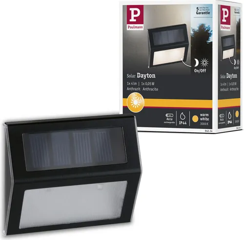 Paulmann 94234 Dayton Solar-Außenwandleuchte 0.05W Warmweiß Anthrazit - Die Solar-Außenwandleuchte bietet kabellose Beleuchtung für Ihre Treppe. Einfach aufstellen, Sonnenlicht tanken und bis zu 8 Stunden leuchten. Ideal für eine stilvolle und praktische Außenbeleuchtung.