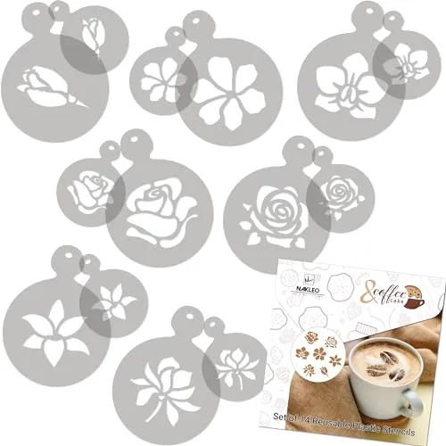 NAKLEO Kaffee Schablonen und Kekse Dekoration 14 Stück 7x7 und 11x11cm, Wiederverwendbare Plastik Backen Vorlage, Blumen Rose Tulpe, DIY Kunst, Cappuccino Latte Schokolade Torten Kuchen