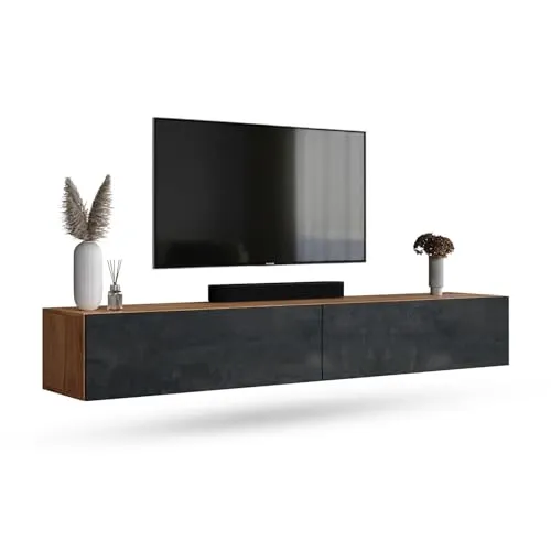 TV Board WEST Gold Eiche / Schwarz Charcoal 200 cm - Wohnzimmerschränke mit schwebender Optik, wasserabweisender Melaminbeschichtung und Soft-Close Türen für sanftes Schließen.