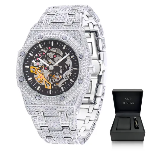 S&T Design Automatikuhr Iced Out - Elegante Herrenuhr mit Diamantzirkonia - Automatikuhren für Herren, edel und wasserdicht bis 3 Bar, inklusive Armbandkürzer und Geschenkbox, ideal für besondere Anlässe.