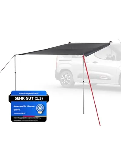 qeedo Motor Tarp Universal - vielseitiges Sonnensegel für jedes Fahrzeug - Sonnensegel mit UV80 Schutz, flexibel für Bus, Van oder PKW montierbar. Inkl. Aufstellstangen und Heringen für einfache Handhabung.