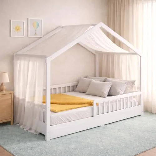 CADANI Malte Hausbett 90x200 cm Weiß - Kleinkindbett mit Montessori-Bodenbett-Prinzip, abnehmbarer Rausfallschutz und stabiler Konstruktion aus Kiefernholz. Ideal für selbstständiges Ein- und Aussteigen.