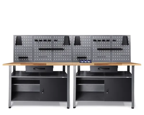 Werkbank Klaus 240 cm – Komplett Werkstattset von Ondis24 - Robuste Werkbank mit Buchenholzarbeitsplatte, abschließbaren Türen und höhenverstellbaren Füßen. Ideal für professionelle Werkstätten, bietet Platz und Flexibilität für Ihre Projekte.