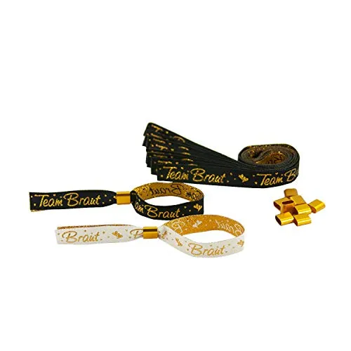 Oblique Unique® JGA Armbänder Set 1x Braut - 9X Team Braut mit Glitzereffekt und Herzen Junggesellinnenabschied Hen Party Hochzeit Armband Einheitsgröße - Schwarz Weiß Gold