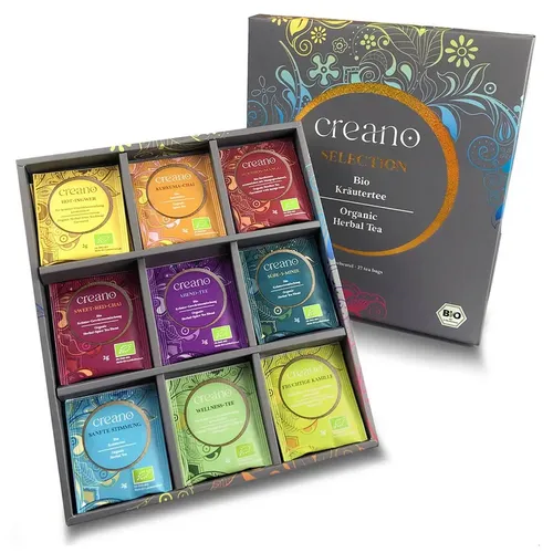 Creano Bio Kräutertee Geschenkset - 27 Teebeutel in 9 Sorten - Vielfältiges Bio Kräutertee Geschenkset mit 27 Teebeuteln in 9 einzigartigen Sorten, ideal für jeden Moment des Tages, biologisch und in Deutschland entwickelt.