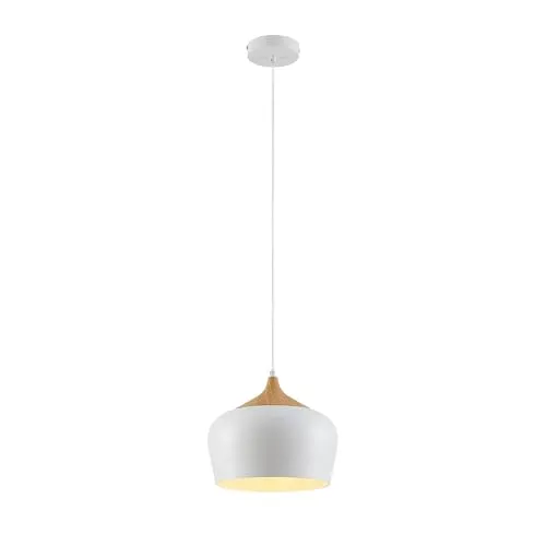 Lindby Hängeleuchte Vilsera, Skandinavisches Design - Hängeleuchte im skandinavischen Stil mit matt-weißem Metall und Holz-Detail, ideal zur stilvollen Beleuchtung von Tischen oder Theken.