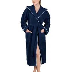 LAYNENBURG Damen Bademantel Frottee mit Kapuze - 100% Baumwolle, 360g/m2, OEKO-TEX 3XL Blau - Bademantel für Damen aus 100% hochwertiger Frottee Baumwolle, super kuschelig und ideal für Spa, Sauna oder als Morgenmantel. Eleganter Look mit weißen Paspeln und in verschiedenen Größen erhältlich.