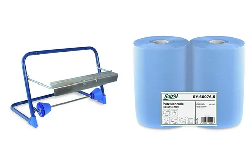 Hypafol Papierhandtuch SET mit Spender, 2 x blaue Industrierolle - Die blauen Industrierollen sind ideal für die professionelle Reinigung in Werkstätten und Gastronomie. Sie sind stark, saugfähig und einzeln entnehmbar, sodass sie stets griffbereit sind.