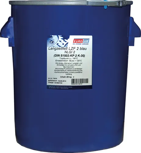 Eurolub Langzeitfett LZF 2 BLAU 25kg Eimer - Hochleistungs-Schmierfett für Wälz- und Gleitlager, temperaturbeständig von -30°C bis +120°C, ideal für Kraftfahrzeuge und Baumaschinen, auch unter schwierigen Bedingungen einsetzbar.