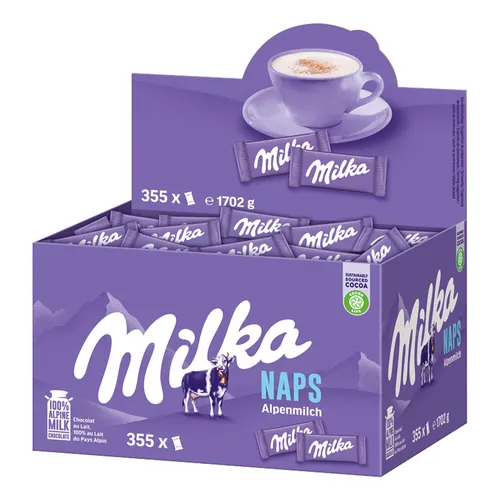 Milka Naps Mini-Schokoladentafeln Alpenmilch 1,702 kg Vorratsbox - Süßigkeiten – Große Vorratsbox mit zartschmelzenden Milka Naps Alpenmilch für jederzeitigen Schokoladengenuss!