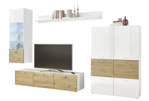 HBZ Wohnwand SARI 2 - Braune Holzwerkstoff Wohnwand - Wohnwände, stilvolle braune Holzwerkstoff Wohnwand für ein modernes Zuhause, bietet viel Stauraum und elegantes Design.
