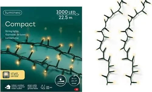 Lumineo LED-Lichterkette COMPACT 1000 LED 22,5 m - Lichterkette mit 1.000 dimmbaren LEDs in Soft Gold, ideal für Innen- und Außenbereiche. Praktischer 8h-Timer und 5m Zuleitung sorgen für einfache Handhabung und perfekte Atmosphäre.