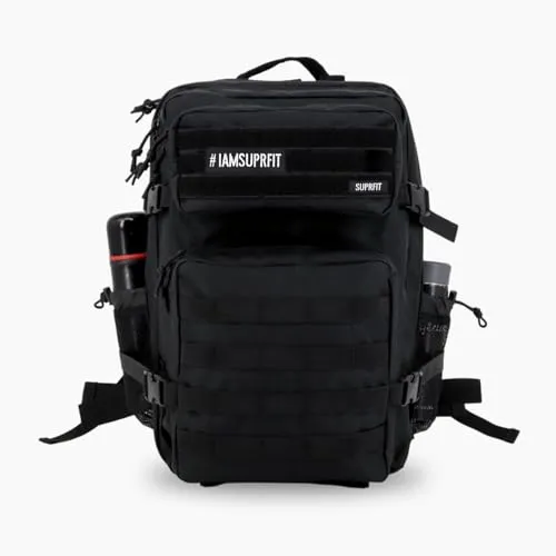 SF SUPRFIT Sportrucksack Military Backpack - Black - Rucksacktaschen mit einzigartiger 180-Grad-Öffnung, ideal für Sportler. Praktische Seitentaschen für Protein-Shaker und Wasserflasche.