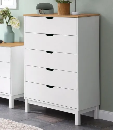 Home affaire Kommode Post, 76 cm, massives Kiefernholz - Kommode aus massivem Kiefernholz mit 5 Schubladen für optimalen Stauraum, ideal für ein stilvolles und funktionales Zuhause.
