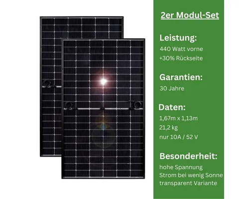 MyVoltaics Balkonkraftwerk 2x 440+ Watt Premium Hochleistungsmodul - Balkonkraftwerke mit 880+ Watt Gesamtleistung und bifazialen Modulen für bis zu 30% mehr Ertrag. Ideal für ästhetische und leistungsstarke Solaranlagen!