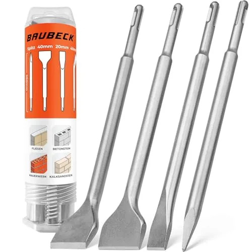 BAUBECK Meißel Set für Beton & Mauerwerk - SDS Plus - LONG LIFE [4tlg] - 250mm lang, angewinkelt und gerade - SDS Plus Meißel Set