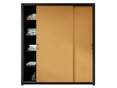 Kleiderschrank FRAMA II 185cm Toffee Schiebetürenschrank - Schiebetürenschrank mit 9 Einlegeböden und Kleiderstange, elegantes Design für moderne und glamouröse Interieurs, sanftes Öffnen und langlebige Konstruktion.