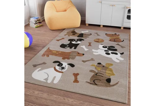 SMART KIDS Kinderteppich Rocky & Friends - Moderner Spielteppich für Kinder, pflegeleicht und strapazierfähig, perfekt für das Kinderzimmer mit einem liebevollen Hunde-Motiv in Beige-Braun (120 cm x 170 cm)