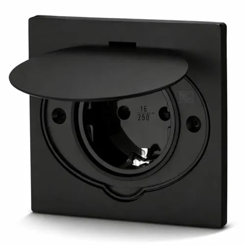 Edelstahl Einbausteckdose IP44 mit Klappdeckel - schwarz - Steckdosen & Zubehör - Trittfeste, spritzwassergeschützte Einbausteckdose für Innen- und Außenbereiche, ideal für Wand- und Bodenmontage. Hergestellt aus gebürstetem Edelstahl für Langlebigkeit.