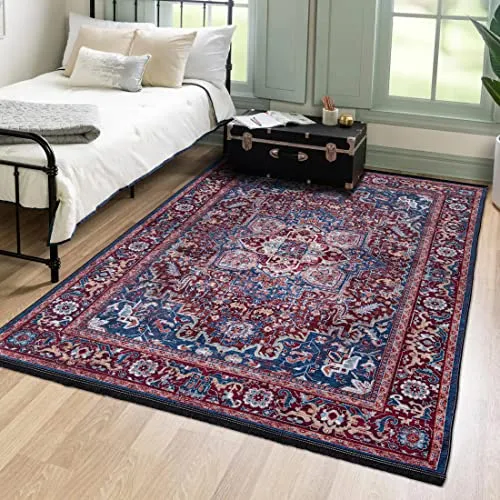 Mazovia Orientalisch Vintage Teppich - Waschbar & Rutschfest 120 x 170 cm - Teppich mit klassischem orientalischem Blumenmuster, waschmaschinenfest und ideal für Wohnzimmer, Schlafzimmer oder Flur. Rutschfeste Unterseite für mehr Sicherheit.