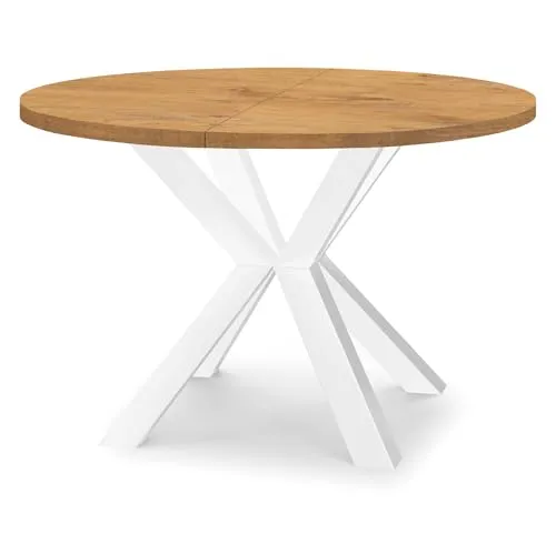 Runder Ausziehbarer Tisch RAL mit Holzbeinen in Eiche Lancelot und Weiß - Vielseitiger Esstisch im Loft-Stil, ausziehbar von 100 cm auf 200 cm, mit robustem Buchenholzgestell. Ideal für moderne und rustikale Einrichtungen.