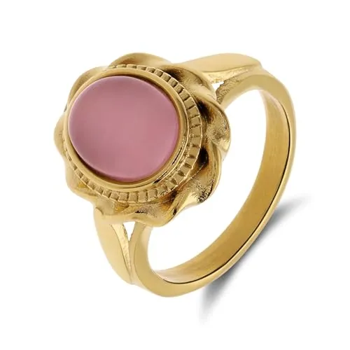 Lucardi - Damen Vergoldeter Vintage-Edelstahlring mit rosafarbenem Stein in Blütenform - Ring - Stahl - Gelbgold legiert - 16/50 mm - Nickelfrei
