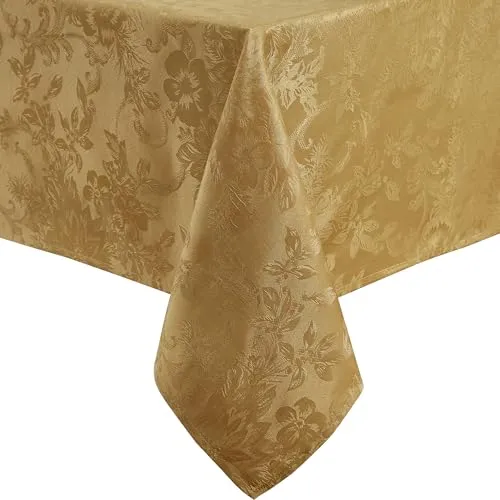 Elrene Home Fashions Poinsettia Elegance Jacquard Holiday Tablecloth, 60" x 102", Gold