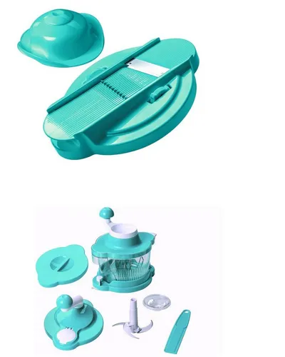 Genius Küchenreibe Genius Mixer 21259+21256 Cutter Multitalent 8tlg - Vielseitiges 8-teiliges Set in Türkis und Edelstahl für müheloses Reiben und Schneiden. Ideal für kreative Küchenideen und schnelle Zubereitung.