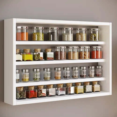 VCM Holz Küchenregal hängend - Esaldi M Weiß - Glasvitrine für die Küche, elegantes hängendes Regal mit vier Fächern für eine stilvolle und platzsparende Aufbewahrung von Gewürzen.