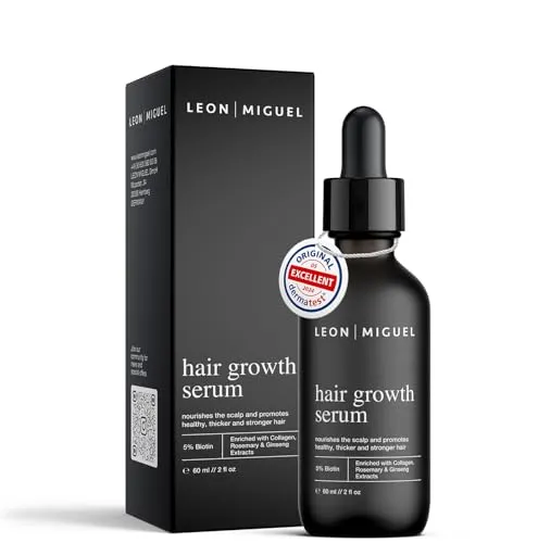 Leon Miguel Hair Growth Serum - Biotin 5% & Ginseng - Haarwuchs Behandlung: Effektives Serum gegen Haarausfall mit 5% Biotin und Ginseng für schnelleres, dickeres Haar. Vegan und parabenfrei, ideal für Männer und Frauen.