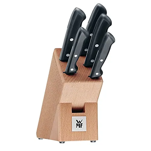 WMF Classic Line Messerblock mit 6-teiligem Messerset - Küchenmesser Set mit 5 hochwertigen Messern und einem eleganten Birkenholzblock. Langanhaltende Schärfe dank Spezialklingenstahl und ergonomischem Griff für optimale Handhabung.