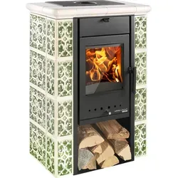 Haas & Sohn Tirol 343.15 C Kaminofen - perl schwarz / grün-weiß - Kaminofen für bis zu 68m² mit 6 kW Leistung. Rustikales Design, integriertes Holzfach und 24 Stunden Dauerbetrieb für gemütliche Wärme in Ihrem Zuhause.