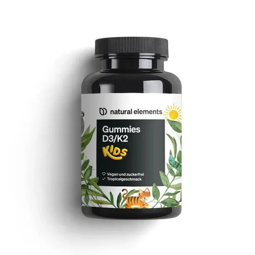 natural elements Vitamin D3 K2 Gummies KIDS – 120 fruchtige Gummies für Kinder - Fruchtige D3/K2 Gummies für Kinder mit Tropicalgeschmack. 120 vegane, zuckerfreie Gummies für 60 Tage. Unterstützen die tägliche Ernährung mit geprüfter Qualität.