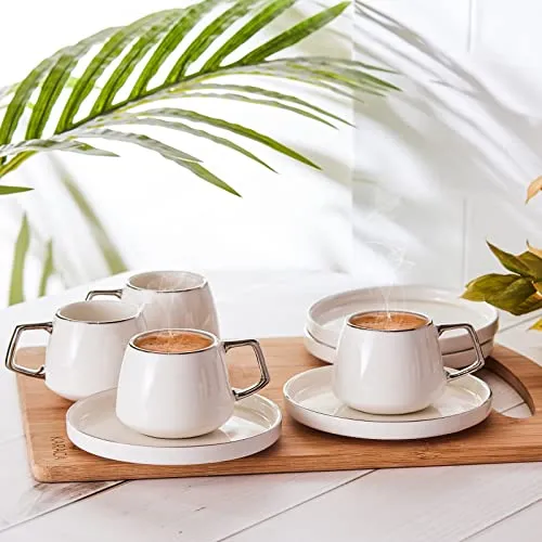 Karaca Saturn Platin Set mit 6 Kaffeetassen - Thermobehälter Set aus hochwertigem Porzellan mit 6 eleganten Kaffeetassen und Untertassen. Perfekt für Kaffee und Tee, ideal als Geschenk für neue Haushalte.
