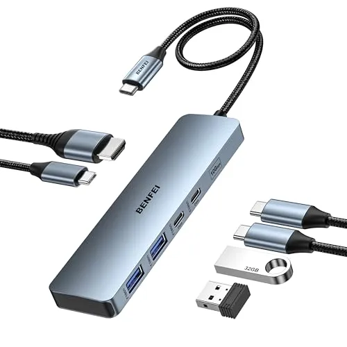 BENFEI 6-in-1 USB C HUB mit HDMI 4K@60Hz/100W PD Stromversorgung/ 2*USB A und 2*USB C 10Gbps [Silikonkabel Aluminiumgehäuse] kompatibel mit iPhone 15 Pro/Max MacBook iPad Pro iMac S23 XPS17